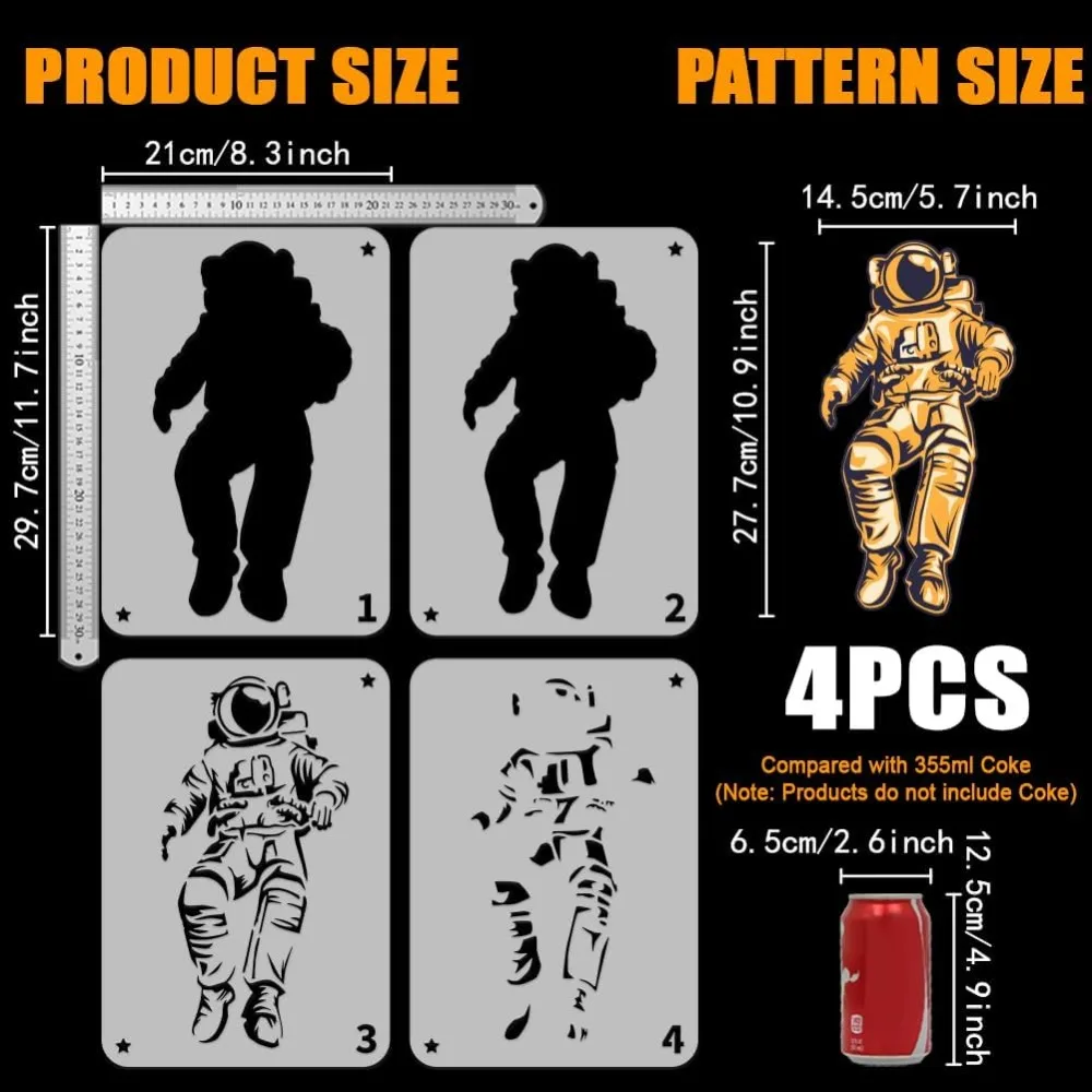 4Pcs 4 Styles PET Hollow Out Drawing Painting Stencils for DIY Scrapbook Photo Album Spaceman 297x210mm 1pc/style