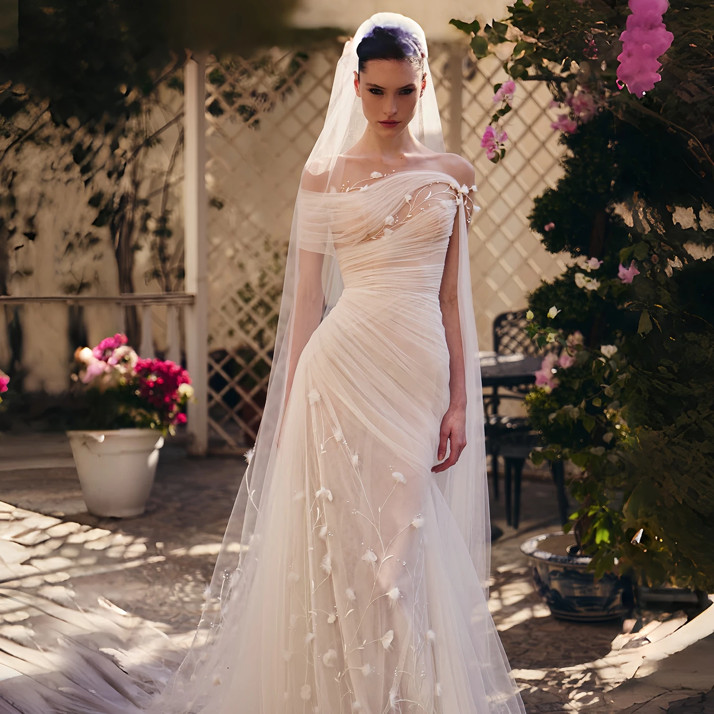 Sharon Said Off Shoulder Wedding Dress Sheer Tulle Mermaid 3D Floral Feather Bridal Gowns SW233 Customized