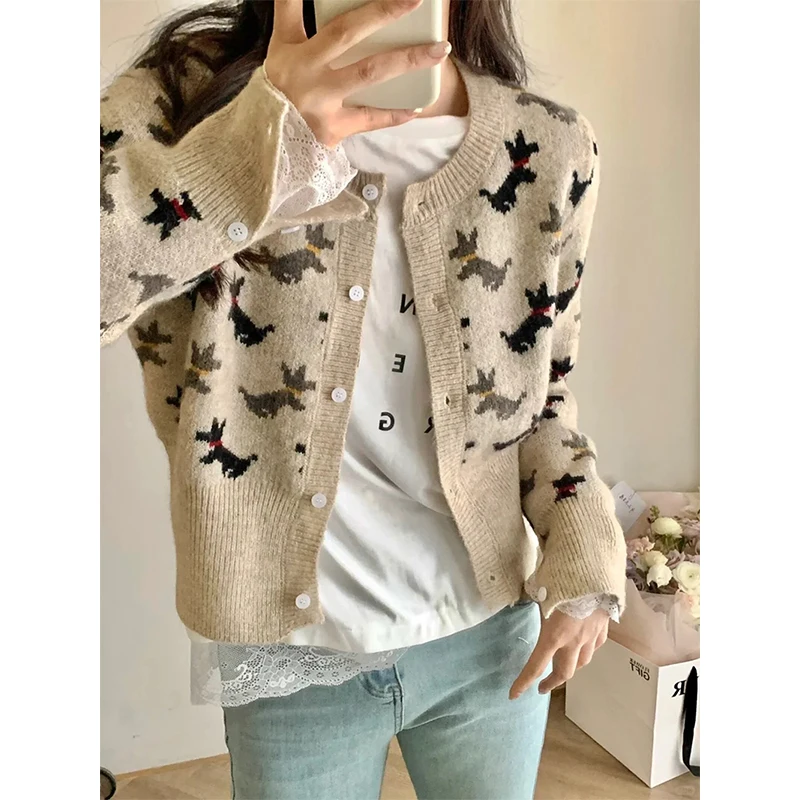 MEXZT Cropped Knitted Cardigan Women Streetwear Print Sweater Outerwears Winter Long Sleeve Knitwear Korean Casual Jumpers New