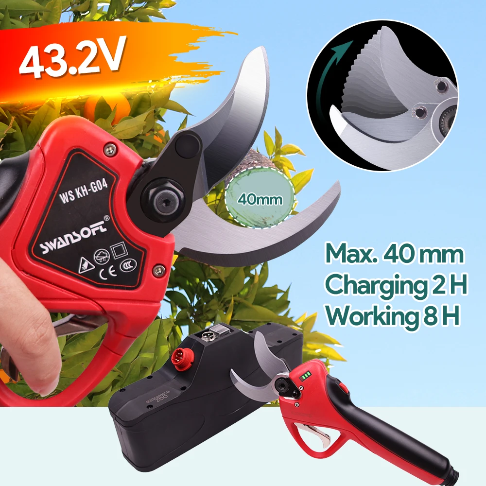 

Swansoft 40mm professional battery powered cord electric pruner for vine pruning, orchard, tree management, nurseries, olives