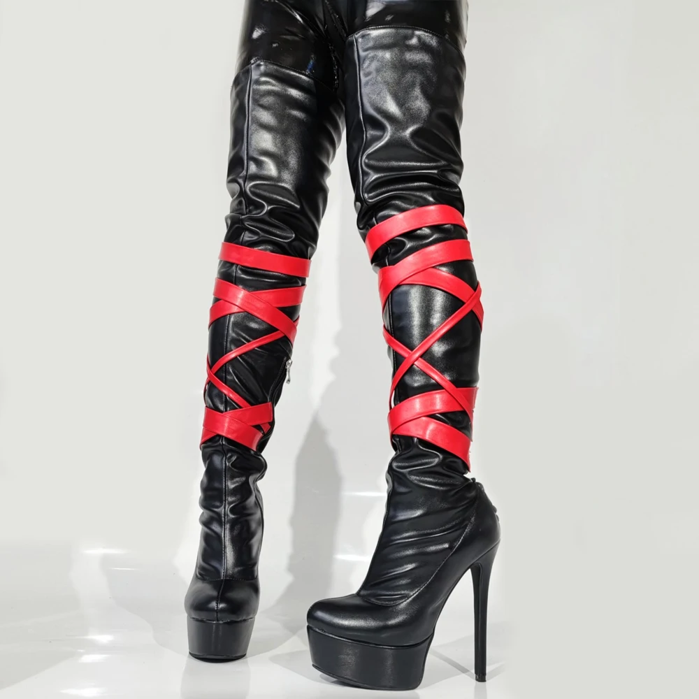 

New Fall and Winter Thick Platform Women's Over The Knee High Booties Thigh High Lace Up Long Boots Red Cross Straps Shoes