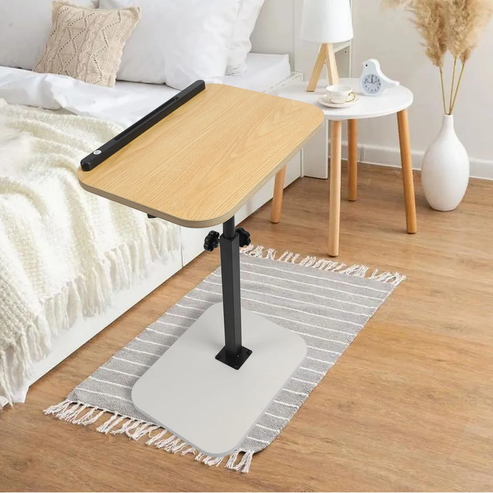 طاولة جانبية على شكل حرف C من الفولاذ الكربوني، سطح خشبي موفر للمساحة، تعديل ارتفاع الطاولة للأريكة #1