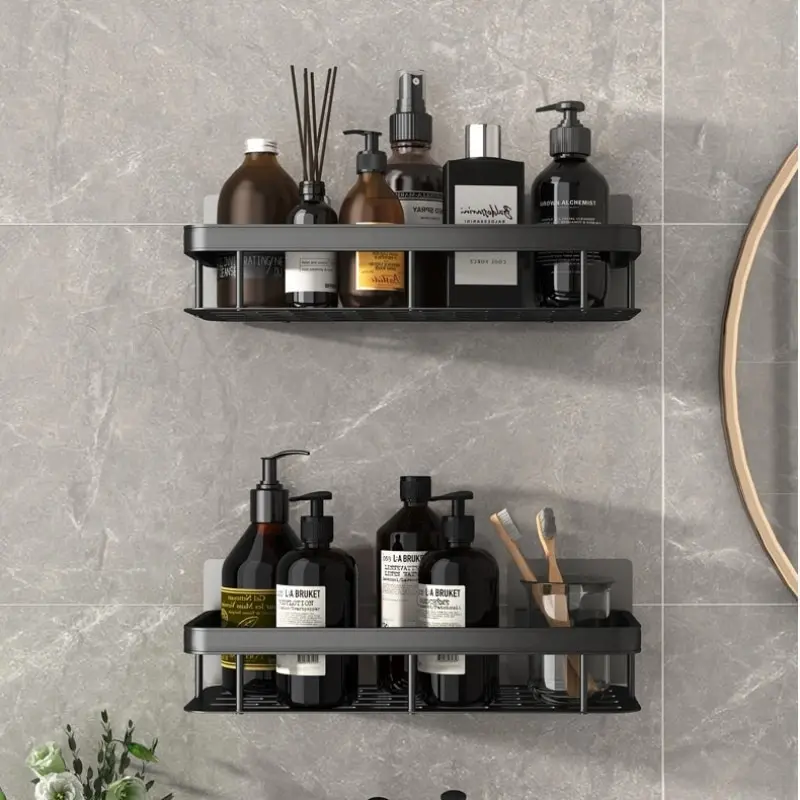 

Punch-free Bathroom Shelf Shelves Wall Mounted Shampoo Storage Rack For Kitchen Holder Square Aluminum Bath Organizer Accessorie