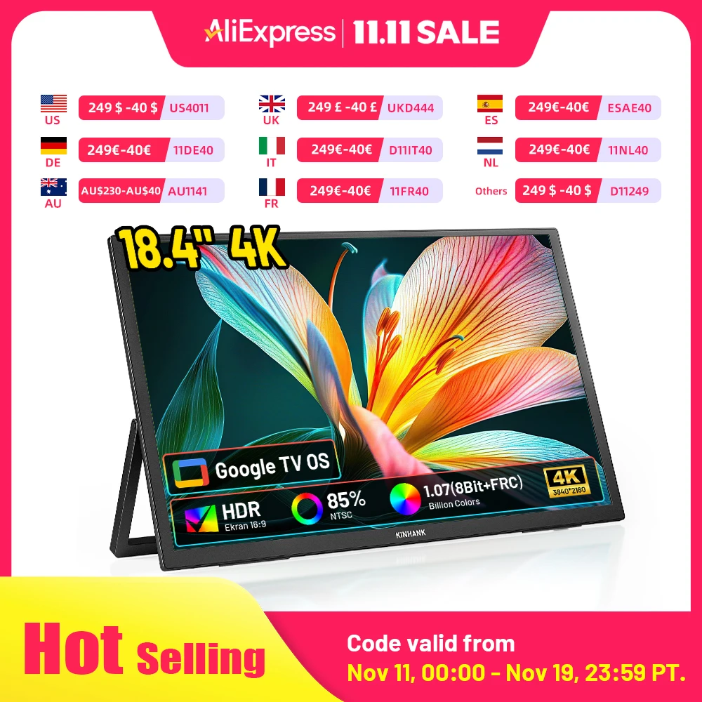 

KINHANK K18G 18,4-дюймовый портативный монитор 4K с Google TV HDR10 85% NTSC игровой монитор для ПК, ноутбука, телефона, Xbox PS4, PS5, переключатель
