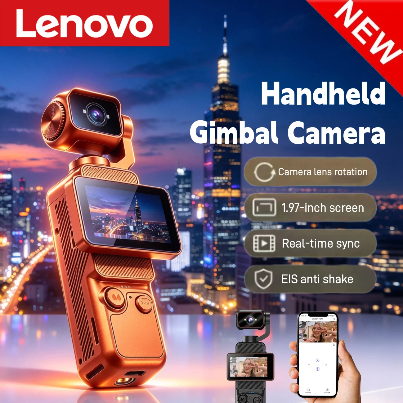 Lenovo 4K Handheld Gimbal Camera With Wi-Fi Transfer Image Stabilization HD Rotating Screen for Travel Outdoor Vlogging