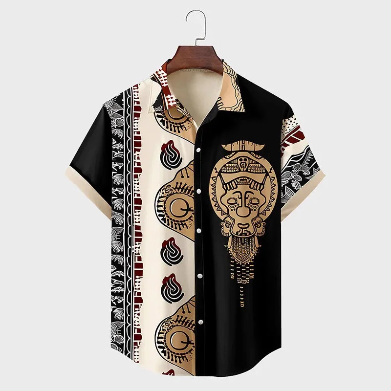 Men's Retro Ethnic Style 3D Digital Printing Men's Button Lapel Short-sleeved Shirt Hawaii Beach Leisure Vacation Beach Clothing