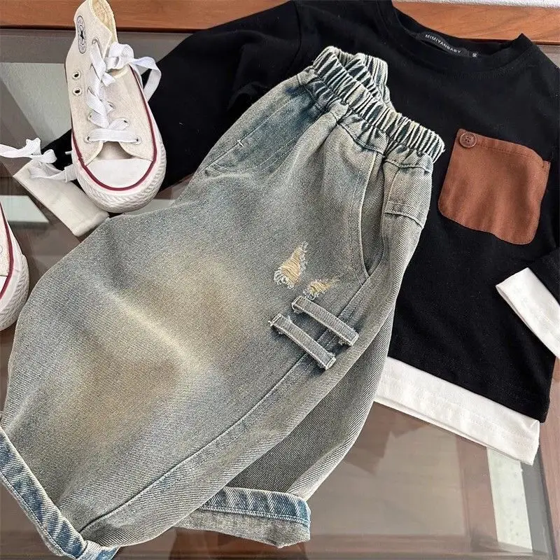 Boys Pants 2026 Spring and Summer New Childrens Clothing Korean Style Baby Boy Personality Foreign Style Do Old Ripped Jeans
