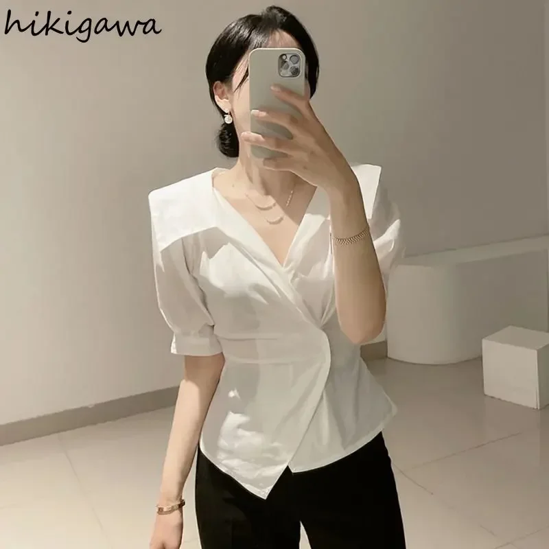 Korean Chic Blouse Women 2023 Blusas Mujer De Moda Slim Waist Irregular Vintage Shirts Summer Slim Fit White Crop Tops 27p600