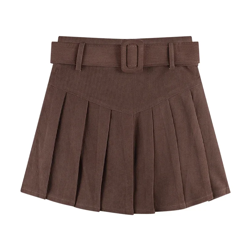 Corduroy Pleated Mini Skirt with Belt for Women Vintage Academy School Skirt Autumn Winter Outfit