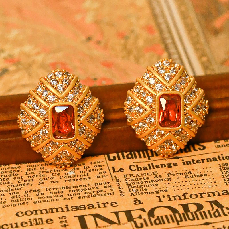 Shining Zircon Square Stone Earrings with  Rhinestones and Red Czech Stones Exquisite Fashionable Earrings for Women