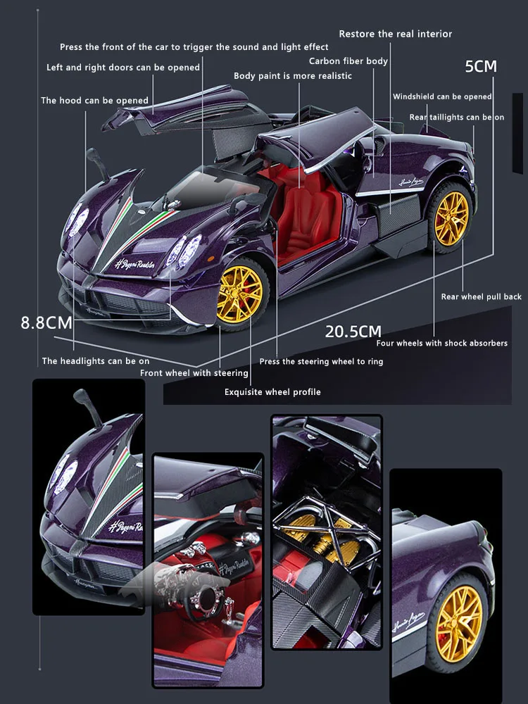 Carro pagani de brinquedo do dragão chinês para meninos, modelo de carro de liga leve e som, puxando carro esportivo, coleção decoração presente 1:24