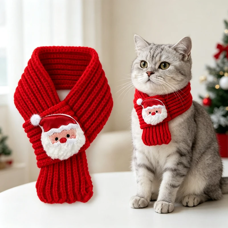 Christmas pet wool neck cover three-dimensional cartoon Santa Claus embroidery decoration cat dog holiday photo atmosphere scarf