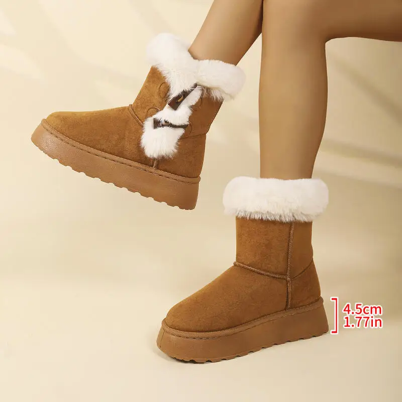Retro Horn Button Furry Thick Bottom Non Slip Snow Boots Women Winter 2026 Fluffy Fur Ankle Boots Warm Plush Women Short Booties