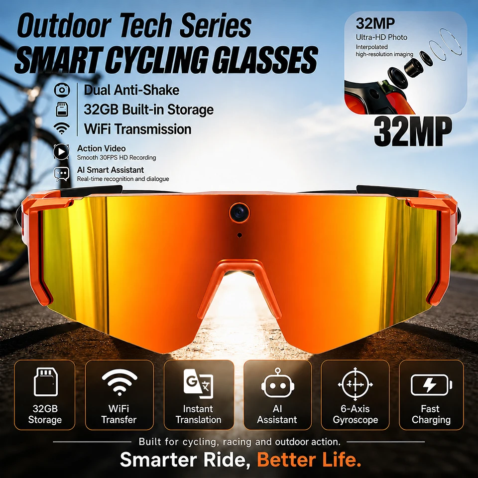 2026 New AI Smart Cycling Glasses 8MP Camera 32MP Photo Dual Anti-Shake WiFi 32GB Storage Translation Fast Charge Sports Goggles