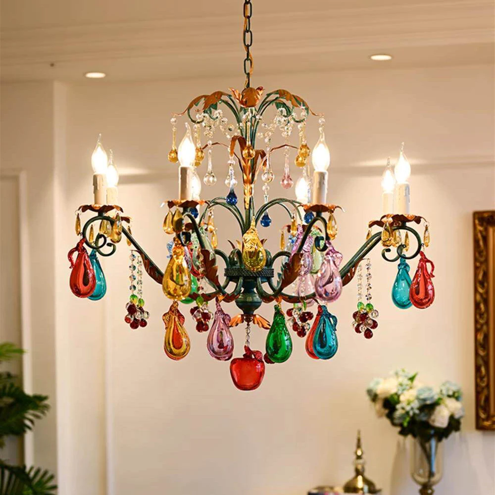 Vintage Murano Multi-color Fruit Chandelier Colorful Crystals Candle Pendant Lamp for Living Room Bedroom Parlor Hotel Lighting