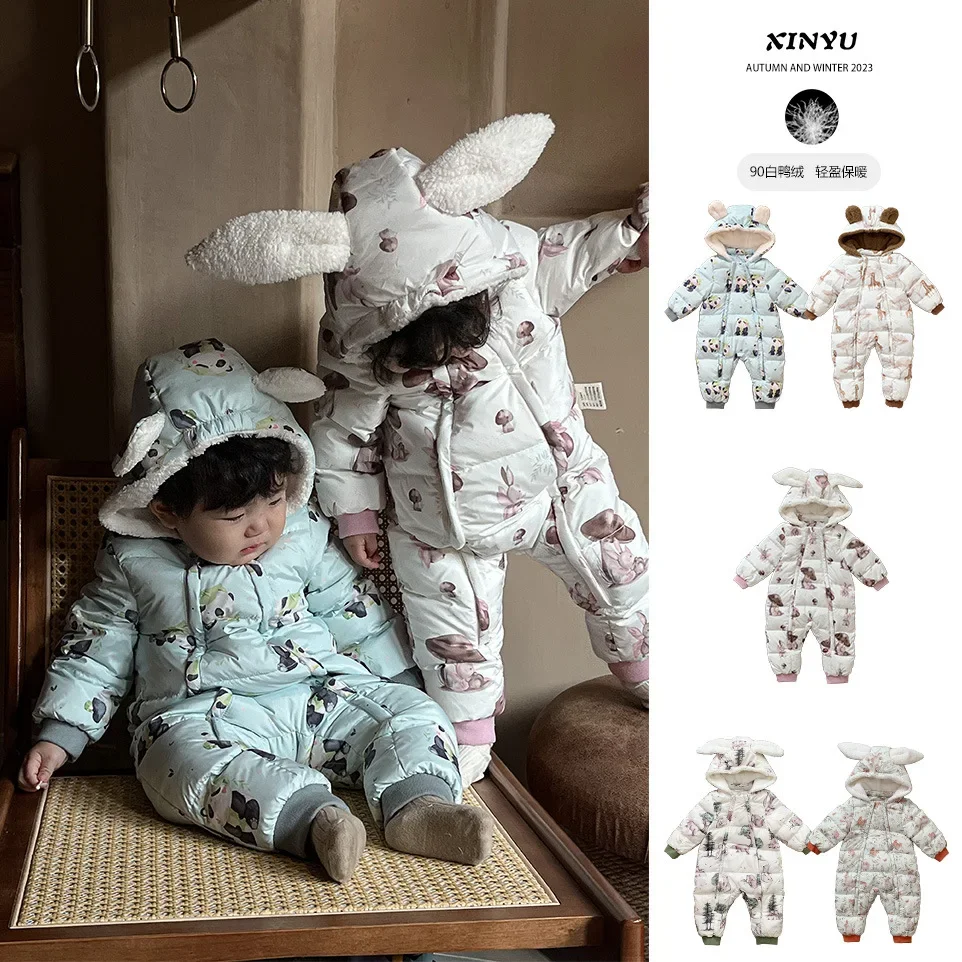 

Children's Down Jacket 2024 Winter New Cartoon Cute White Duck Down Infant One-piece Down Jacket Baby Jacket Children's Clothing