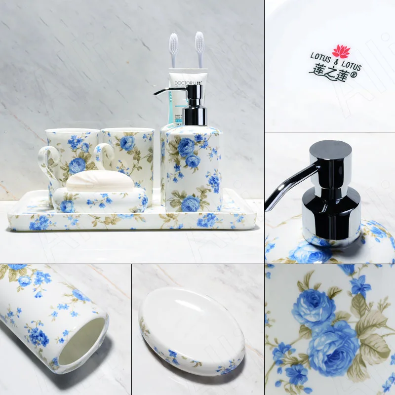 Modern Ceramic Bathroom Four Piece Set Hand Painted Flowers Decorative Storage Tray Desktop Mouthwash Cup Bathrooms Accesories