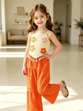 Neu eingetroffen: Sommerliches 3D-Blumen-Cami-Set für Mädchen, Quasten-Cami-Top & orangefarbene, plissierte Weitbein-Hose, lässiges 2-teiliges Outfit für Mädchen. – Detail 4