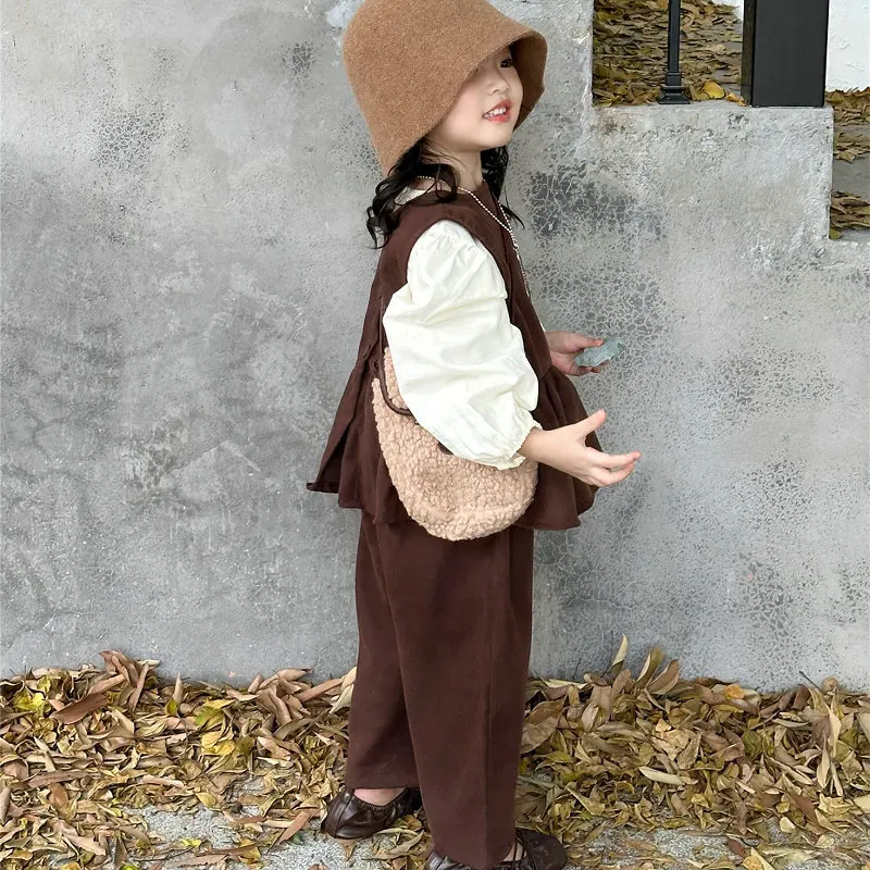 Children Clothing Set Girls Puff Sleeve Bottoming Shirt and Vest Pants Three-Piece Suit 23 Autumn and Winter Clothing NewSet