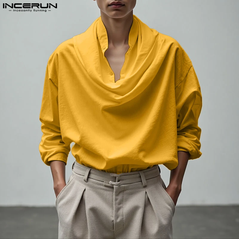 INCERUN Men Shirt Solid Color Stand Collar Long Sleeve Loose Men Clothing Streetwear 2025 Pleated Fashion Casual Male Shirts
