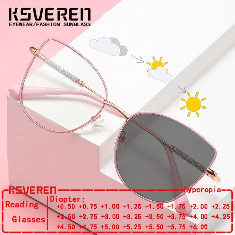 

Women Metal Photochromic Reading Glasses Cat Eye Prescription Presbyopic Glasses Female Outdoor Discolour Optical Eyewear