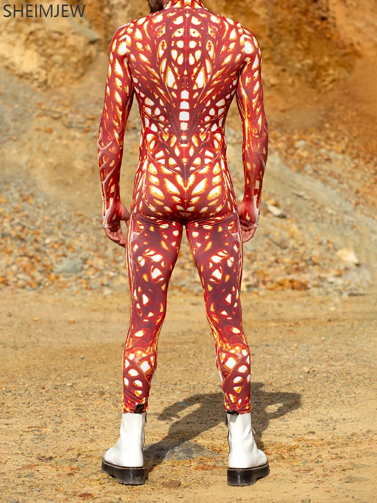 Halloween Red Flame Print Jumpsuit Unisex Burning Man Cosplay Zentai Suit Holiday Party Morphsuit Rave Unique Aerial Yoga Outfit