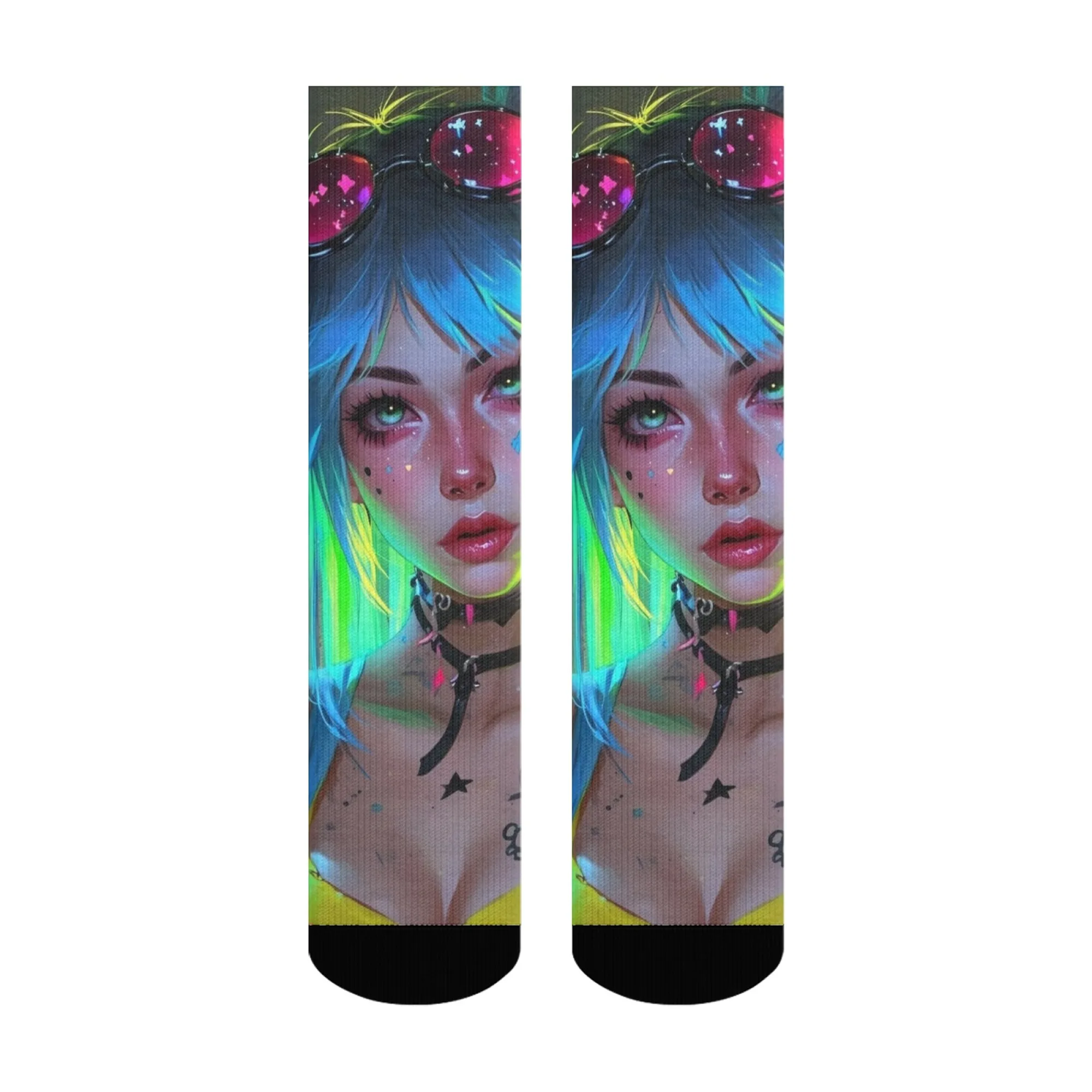 جوارب نيون مريحة جاهزة للحفلات بقاعدة فضية معدنية مع لامعة باللون الأزرق والأخضر للنساء بحواف نيون سماوية احتفالية لـ Cyberpunk Raves