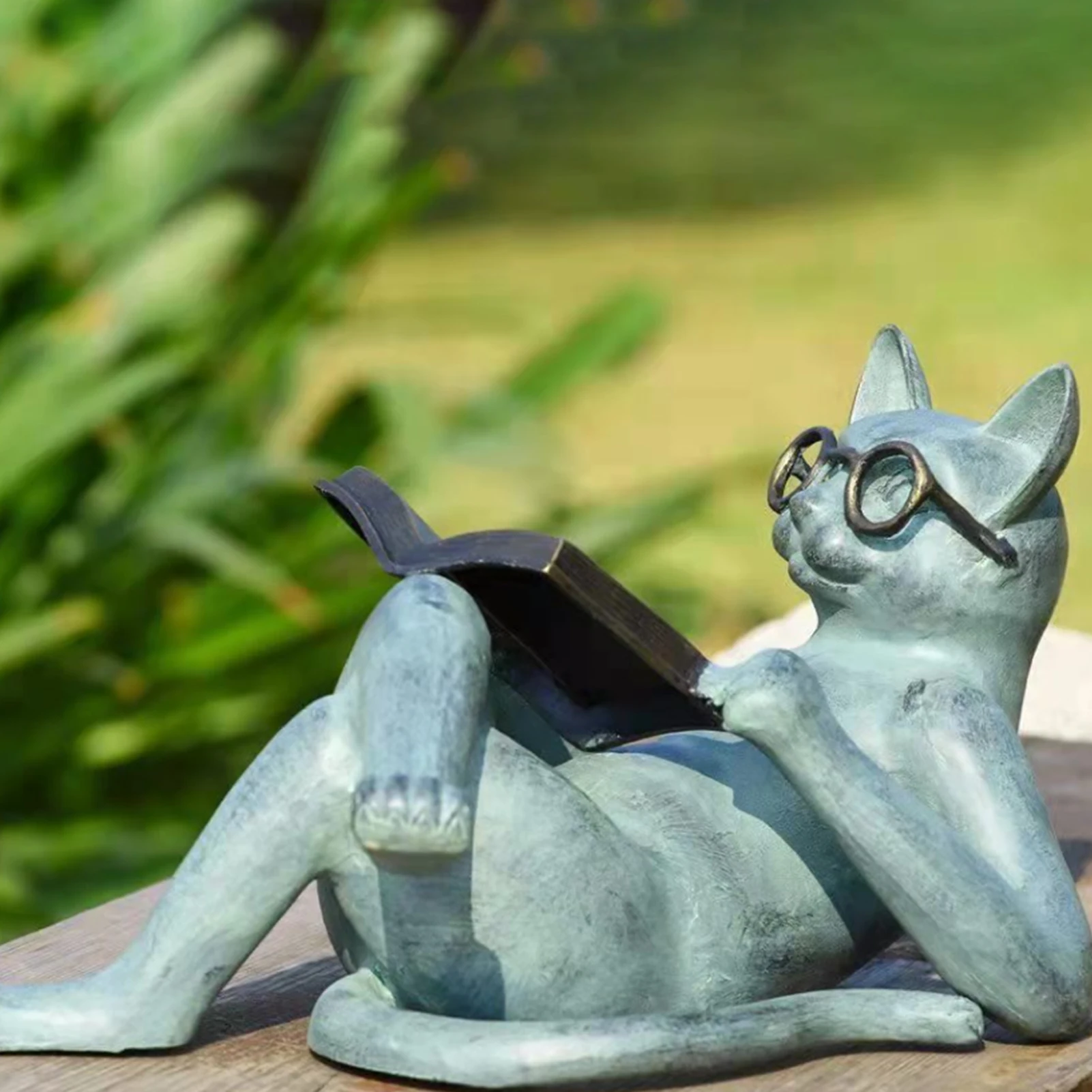 Cat Figurine Miniature Cat Literature Read Glasses Cat Garden Cartoon Statue Resin Craft Cat Doll Car Home Decor Ornament Gift