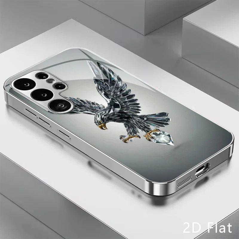 Crystal Diamond Golden Beak Flying Eagle Ornament Pattern Electroplated Glass Phone Case for Samsung Galaxy S26 S25 S24 S23 S22