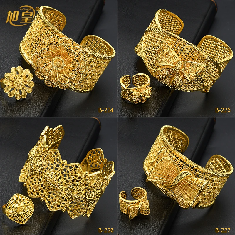 

XUHUANG Dubai 2022 New Gold Plated Cuff Bangles With Ring Nigerian Wedding Bridal Bracelet Jewellery African Luxury Bangle Gifts