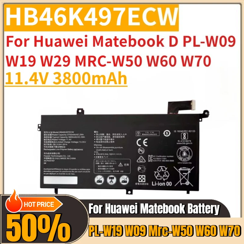 

Аккумулятор для ноутбука 11,4 В 3800 мАч HB46K497ECW для Huawei Matebook D PL-W09 W19 W29 MRC-W50 W60 W70, новинка, высокое качество