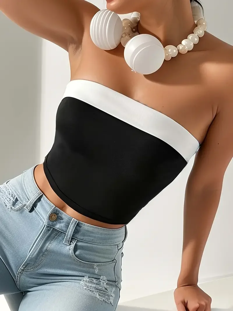 Color Block Crop Slim Tube Top Stylish Straight Neck Strapless Top For Summer Women\'s Clothing