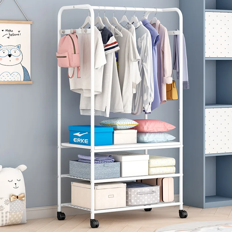 Formwell-Clothes Rack with Storage Shelves, Free Standing with Wheels, Extra Storage Box for Free, Iron Material in White