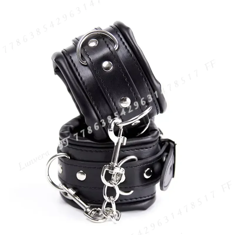 High Quality Soft Leather Sponge Metal Chain Handcuffs Ankle Cuffs BDSM Bondage Sex Toy Restraints for Women Exotic Lingerie view 5