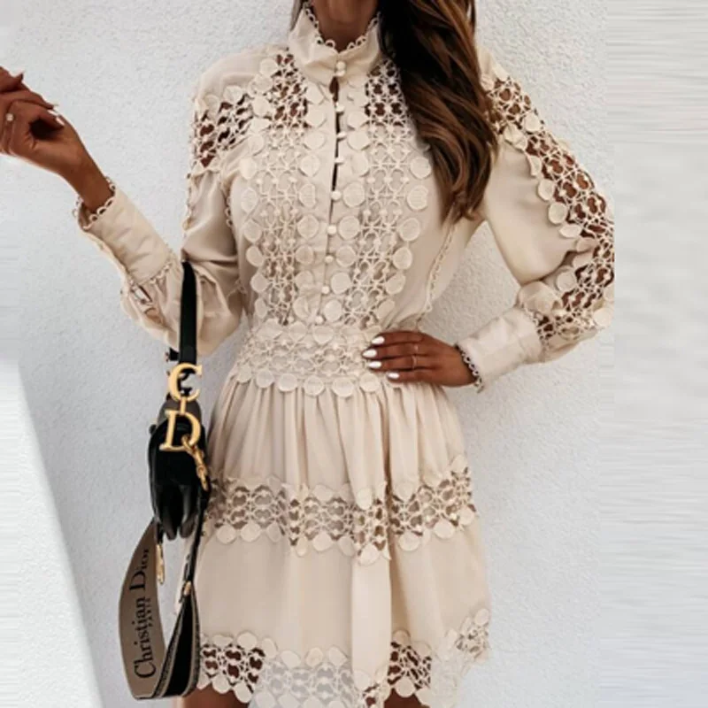 2023 Lente Zomer Hollow Out Lace Party Dress Lente Knoppen Stand Kraag Kantoor Dame Jurk Casual Lange Mouw Patchwork Jurk