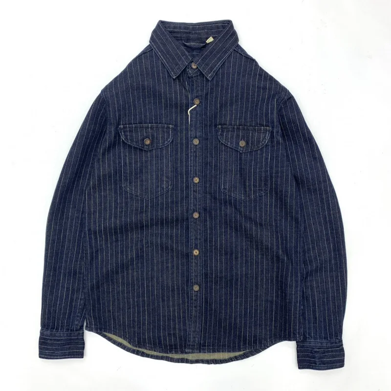 

Retro Amekji Style Denim Striped Men's Long Sleeve Casual Shirt Spring Autumn Outerwear Fresh Artistic Niche Fashion