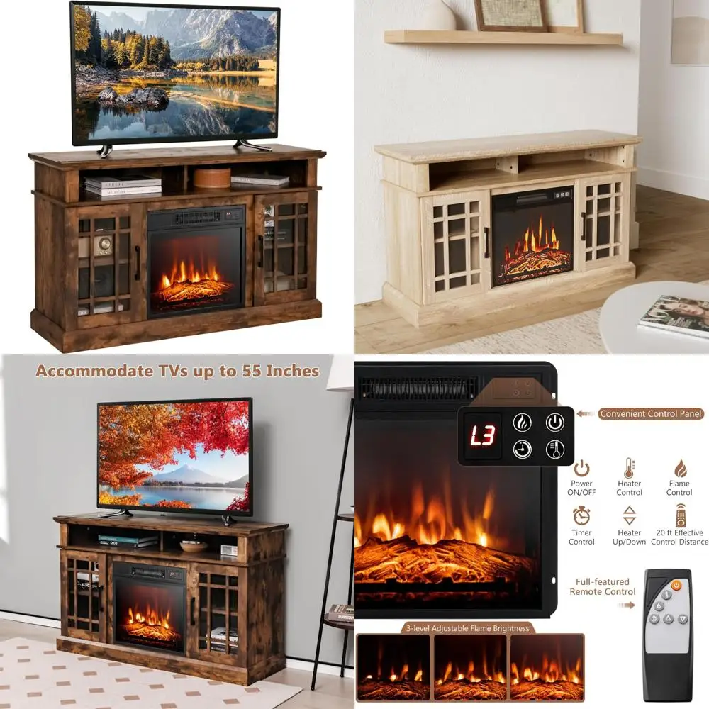 

55 TV Electric Fireplace Stand with Adjustable Shelves & Side Cabinets Entertainment Center