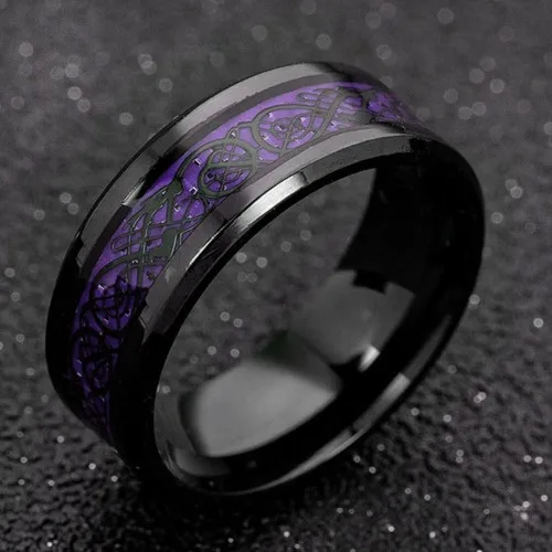 Fashion Men Stainless Steel Dragon Ring Inlay Purple Black Carbon Fiber Ring Wedding Band Jewelry 8MM