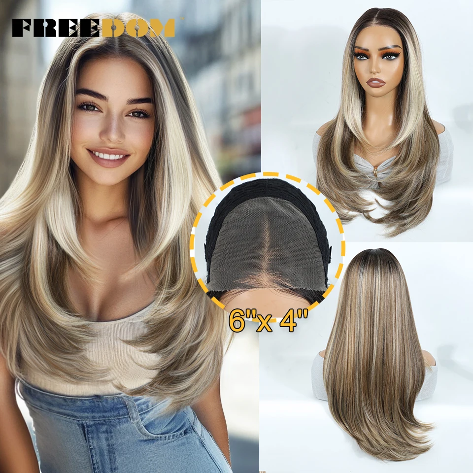 VRIJHEID Synthetische Lace Front Pruiken Voor Vrouw Gelaagde Rechte Pruiken Ombre Bruin 6x4 Pre Geplukt Pre Cut Wear and Go lijmloze Pruik