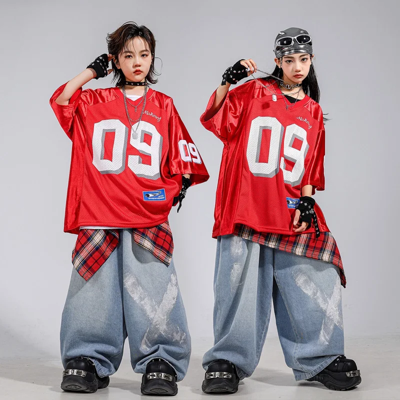 Kinder-Hip-Hop-Kleidungsset für Jungen, Street-Dance-Kostüm, Mädchen, Jazz, moderner Tanz, Anzug, Nummer 09, bedrucktes rotes T-Shirt, blaue Jeanshose