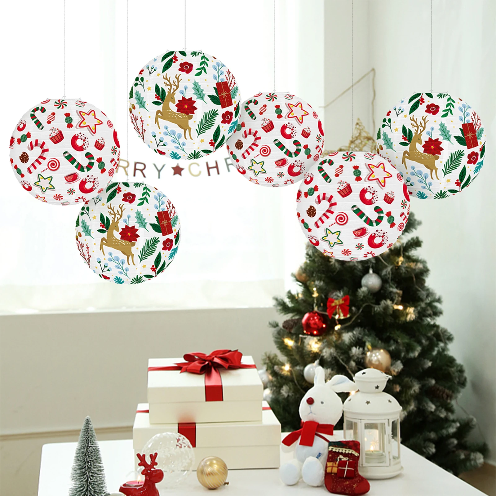 30cm Christmas Hanging Paper Lanterns Reindeer/Candy Cane Print Christmas Tree Ornaments 2025 New Years Hanging Lanterns Pendant