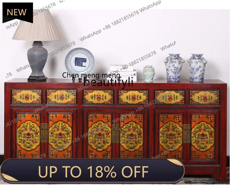 

P178 New Chinese solid wood painted dining side cabinet hand painted decorative cabinet neoclassical antique partition cabinet
