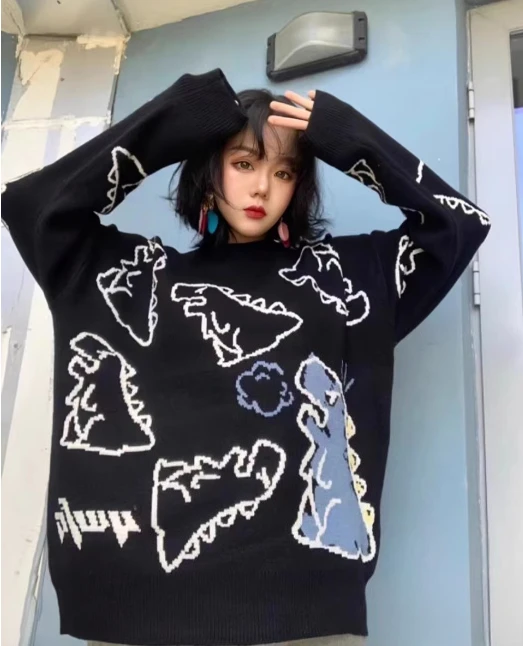 

Sweaters Men Harajuku Style Knitted Hip Hop Streetwear Dinosaur Cartoon Pullover Oversize Casual Couple O-Neck Vintage Sweaters