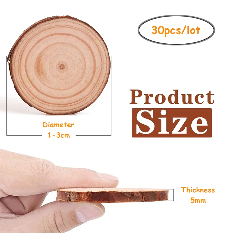 30pcs 1-3cm Natural Wood Slices, Unfinished Wooden Rounds with Tree Barks for DIY Arts, Wedding and Christmas Ornaments Coasters