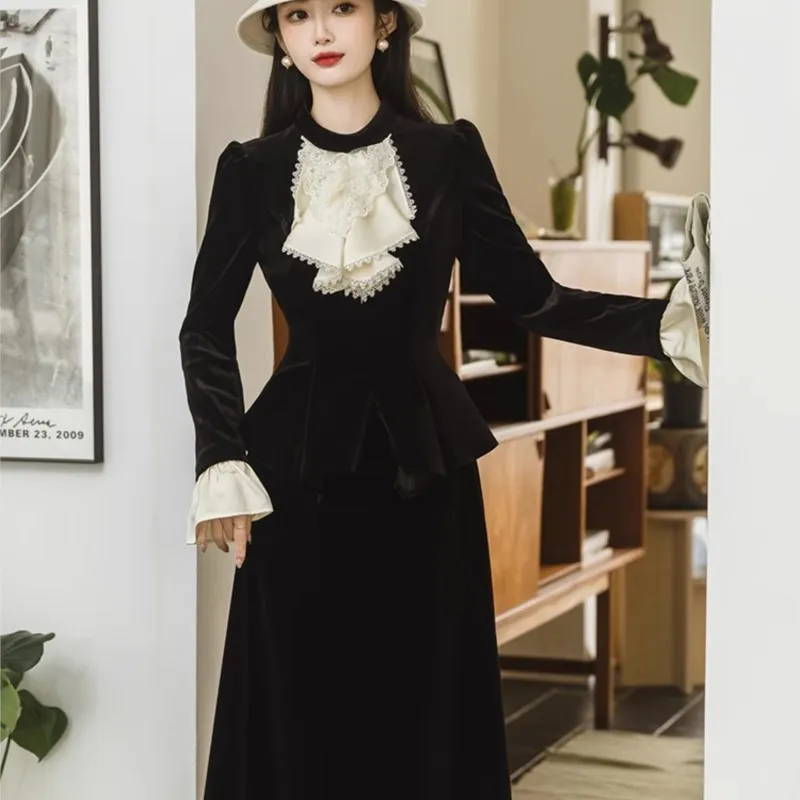 Vintage Hepburn style black velvet two-piece banquet dress