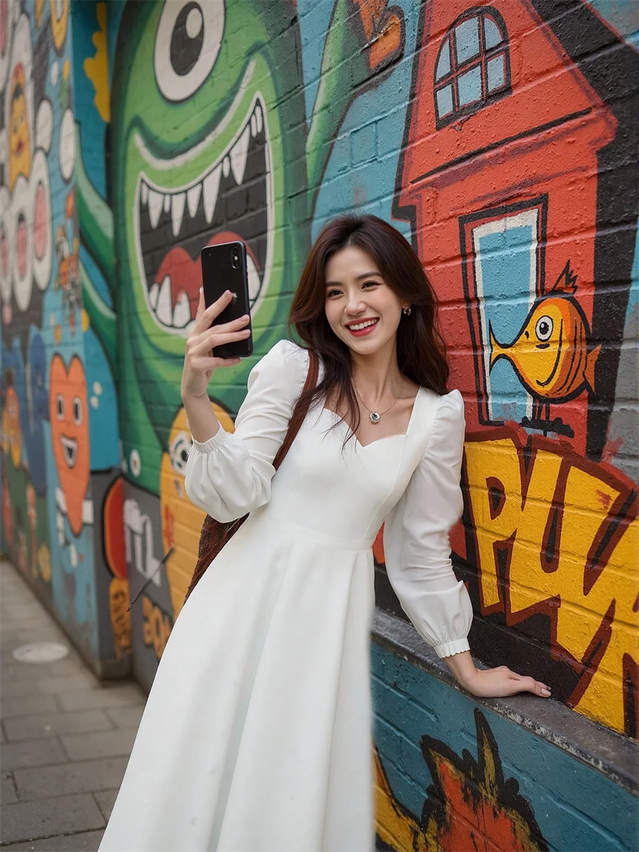 Women'S Autumn Dress Korean Style Long Sleeve Square Collar Side-Slit High-Slit Splited Splitting Cut-Out Cutout Hollow-Out