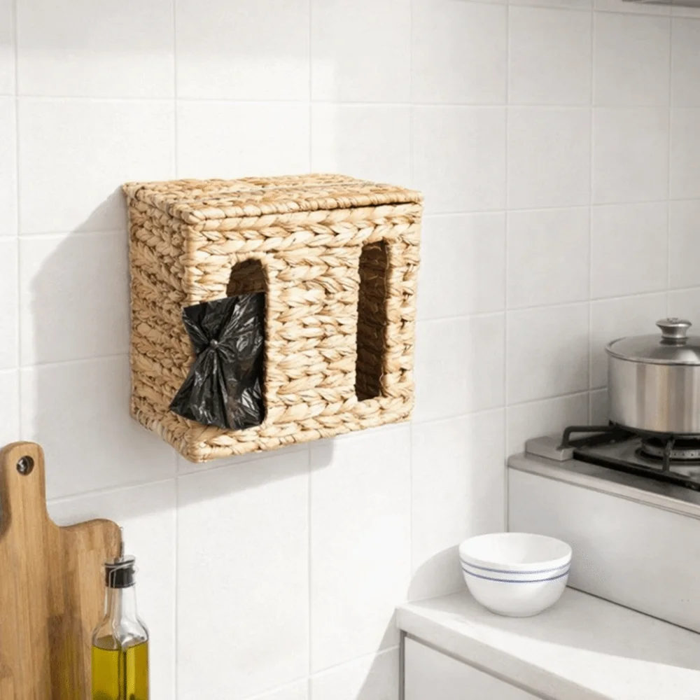 

Rectangular Straw Weaving Storage Basket Wall Mounted with Lid Garbage Bag Storage Box Large Capacity Tissue Box Living Room