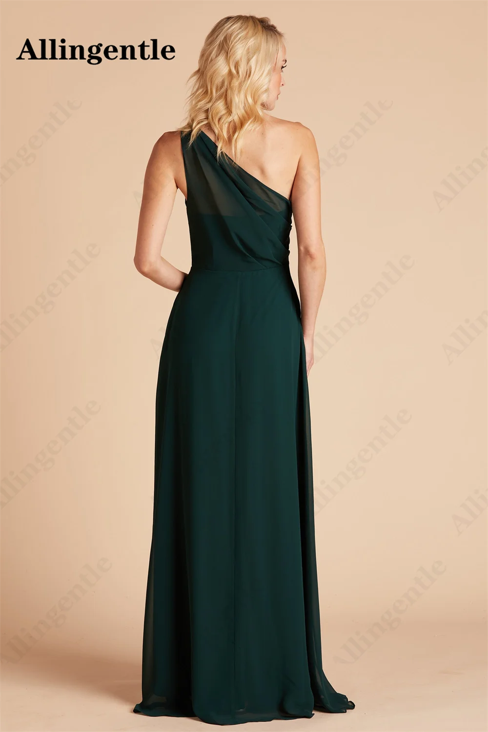 Allingentle Chiffon One Shoulder Bridesmaid Dress for Women Ruched Sleeveless A-Line Side Slit Formal Party Gowns with Pocket