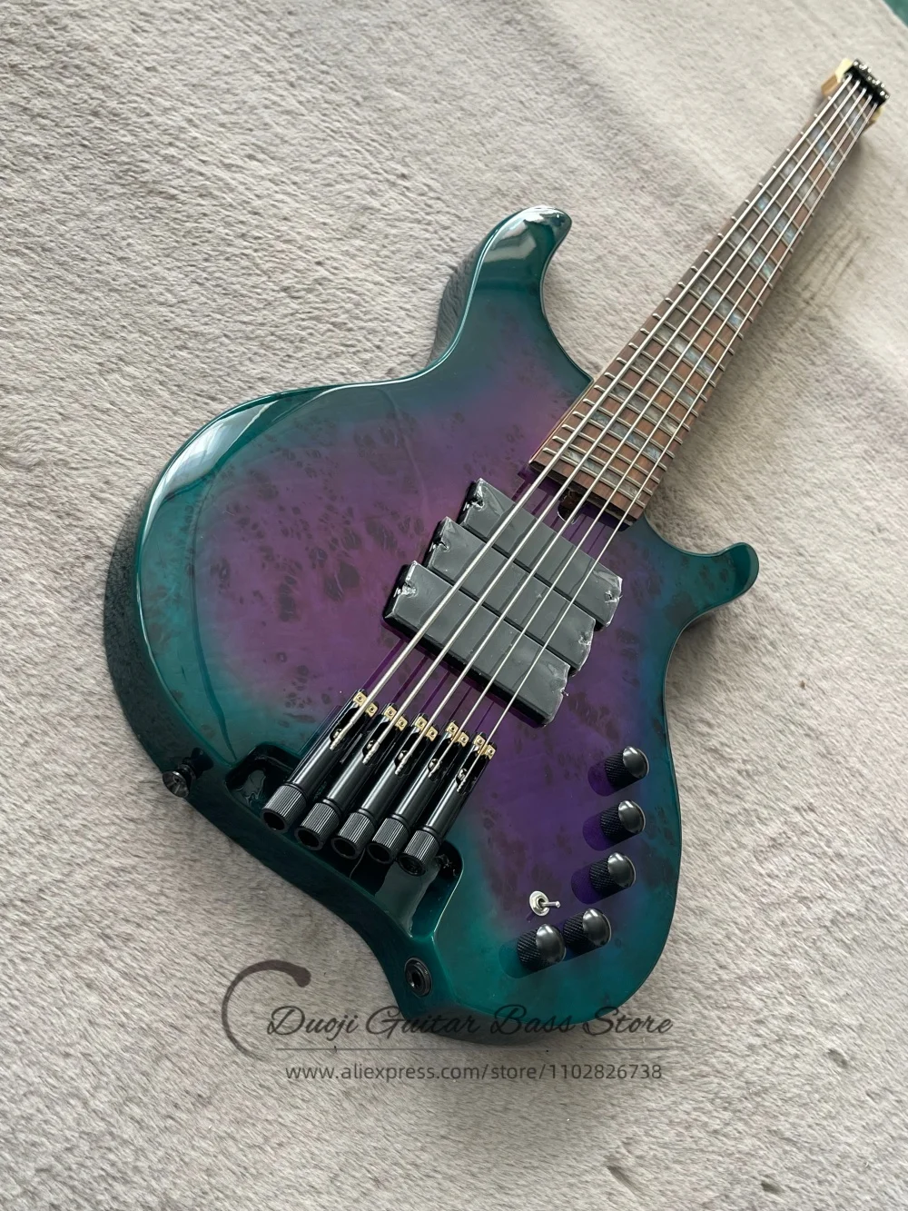 

5-струнный синий бас-гитара, фиолетовый бас-гитара без головки, корпус из цельного дерева, верхняя дека из клена Burl, инкрустация накладки грифа перламутром, кленовый гриф, высокое качество.