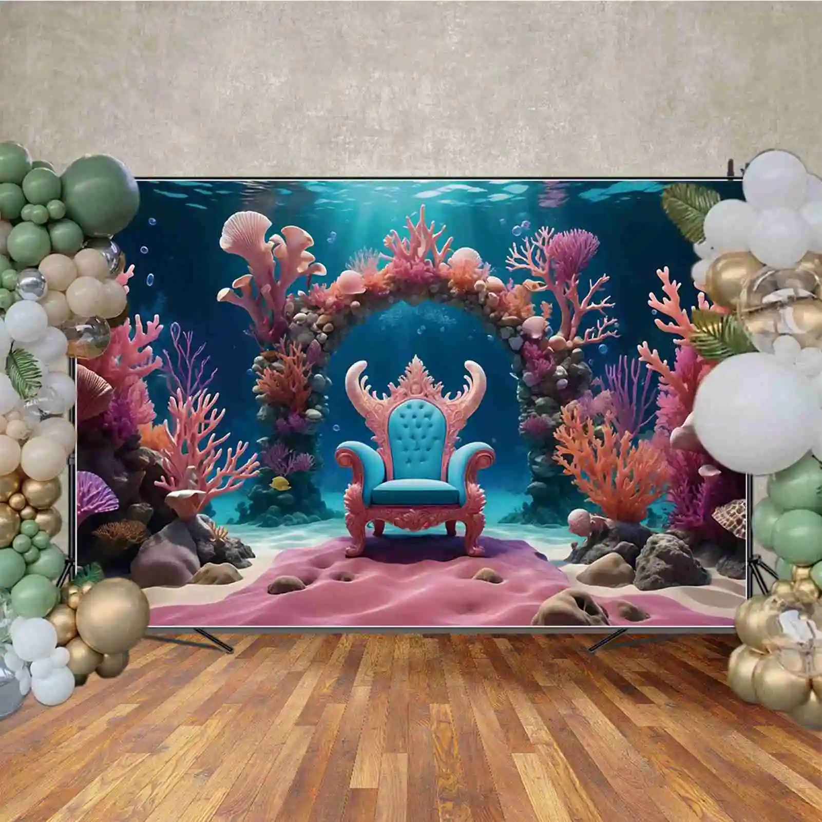 MOON.QG Undersea Throne Birthday Photography Background Baby Mermaid Party Photocall Backdrops Custom Underwater Photo Props